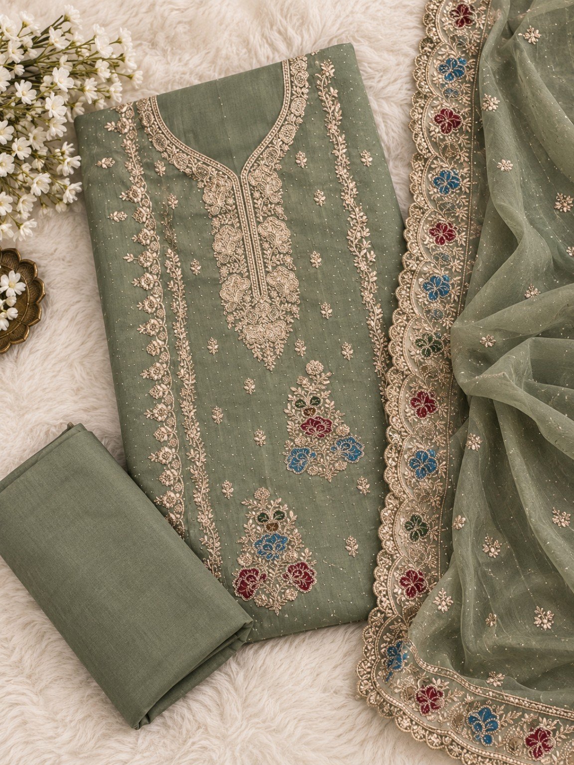 Green embroidered dress material